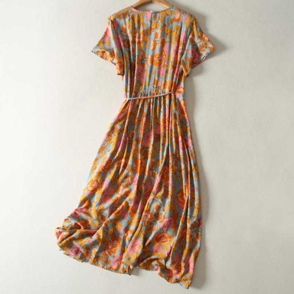 Boho orange floral print wrap maxi dress v neck - Picture 7 of 8